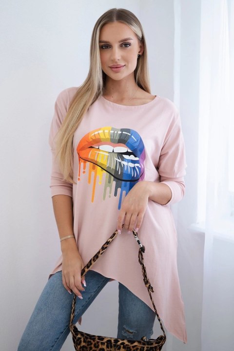 Bluzka oversize z nadrukiem tęczowych ust ciemny pudrowy róż Bluzka oversize z nadrukiem tęczowych ust ciemny pudrowy róż