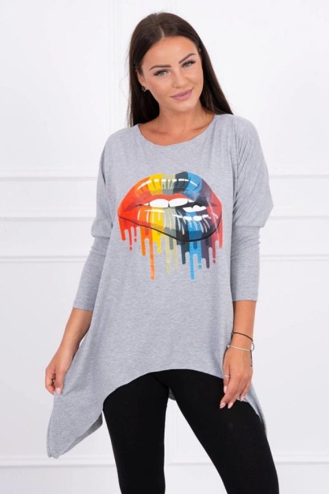 Bluzka oversize z nadrukiem tęczowych ust szara Bluzka oversize z nadrukiem tęczowych ust szara