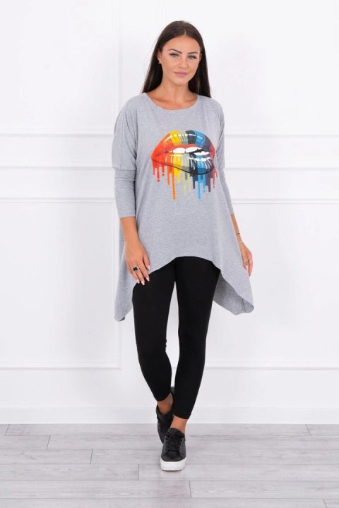 Bluzka oversize z nadrukiem tęczowych ust szara Bluzka oversize z nadrukiem tęczowych ust szara