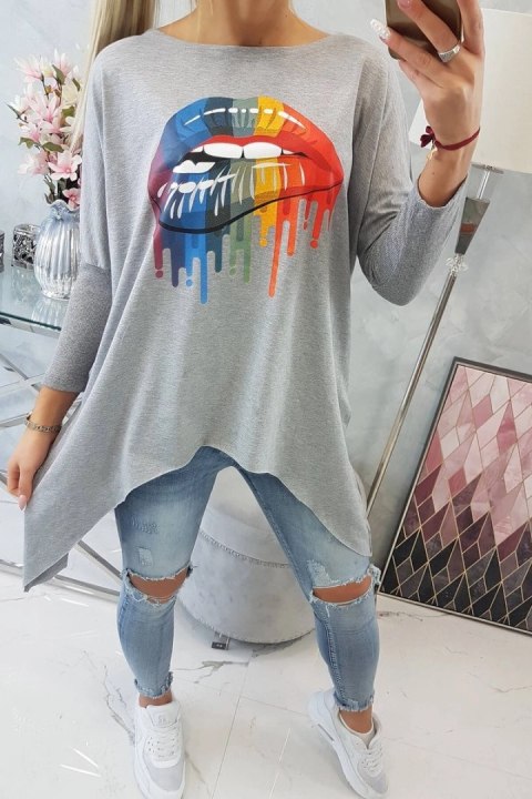 Bluzka oversize z nadrukiem tęczowych ust szara Bluzka oversize z nadrukiem tęczowych ust szara