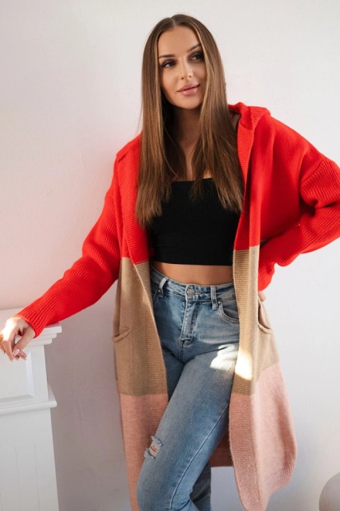 Sweter Kardigan z kapturem w pasy czerwony+camelowy+pudrowy róż Sweter Kardigan z kapturem w pasy czerwony+camelowy+pudrowy róż