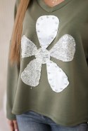 Bluza masełko z ozdobnym kwiatem khaki