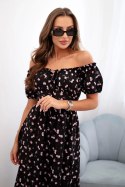Sukienka damska maxi w kwiaty z bufkami czarna