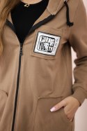 Bluza damska dłuższa z kapturem i zamkiem camelowa