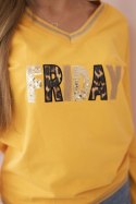 Bluza damska z napisem z cekinami musztardowa