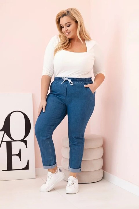Spodnie damskie bawełniane Plus Size z elastyczną talią i wiązaniem ciemno jeansowe Spodnie damskie bawełniane Plus Size z elastyczną talią i wiązaniem ciemno jeansowe