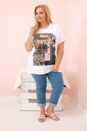Bluzka damska bawełniana Plus Size z kolorowym nadrukiem biały + khaki