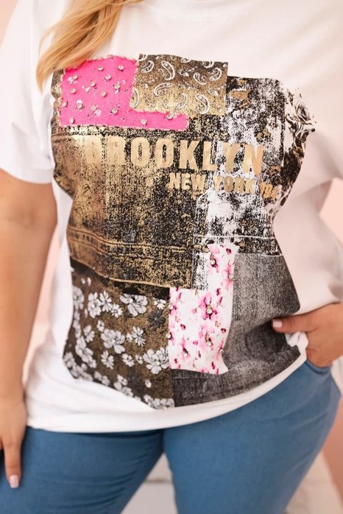 Bluzka damska bawełniana Plus Size z kolorowym nadrukiem biały + różowy Bluzka damska bawełniana Plus Size z kolorowym nadrukiem biały + różowy