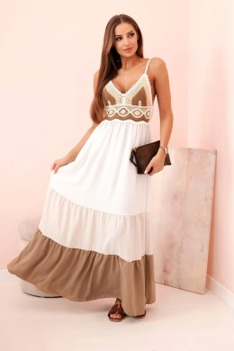 Sukienka damska boho maxi na ramiączkach z ażurową górą beżowy + camelowy