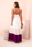 Sukienka damska boho maxi na ramiączkach z ażurową górą beżowy + ciemny fioletowy